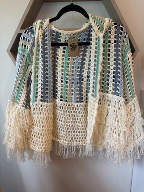 POL Open Crochet Striped Cardigan in Cream, Blue & Mint